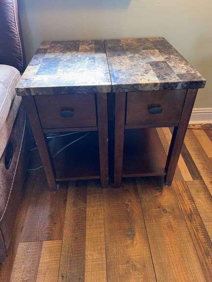 Pair of Brown Woodgrain End Tables with Drawer & Shelf image