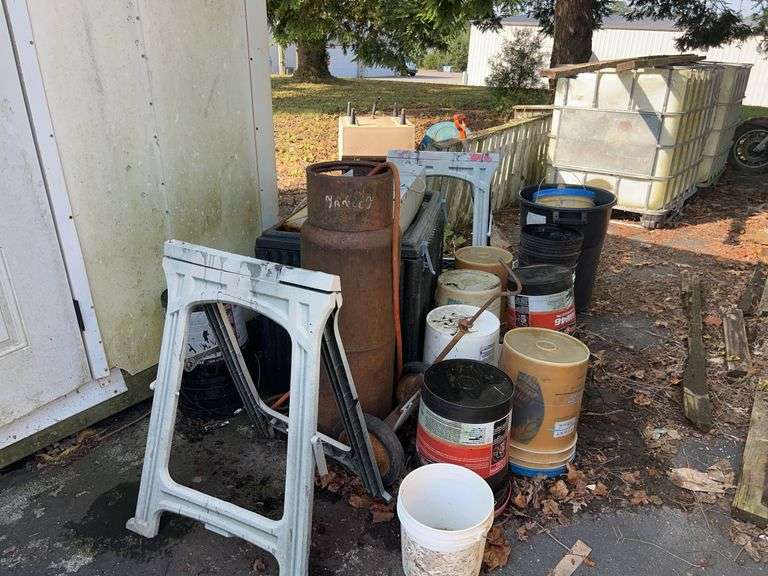 Assorted Bucket, Saw Horse, and Tank image