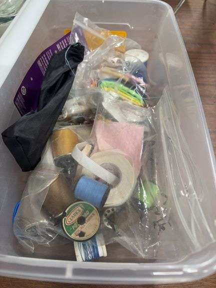 PLASTIC BOX OF SEWING MISC, HAIR TIES. image