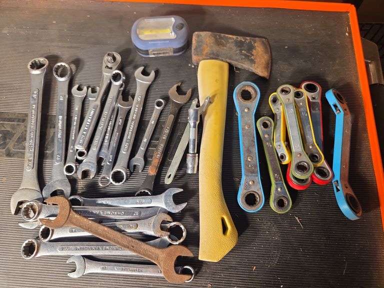 Assorted Wrenches, Hatchet, and Flashlight image