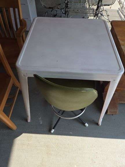 Square Metal Table with Green Vinyl Swivel Chair image