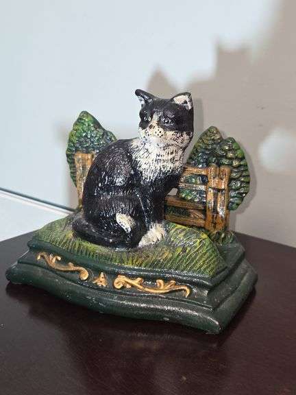Cast Iron Black and White Cat Statue with Farm Scene image