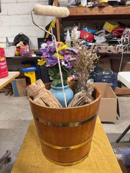 WOODEN BUCKET WITH VASE AND WOOD CARVINGS image