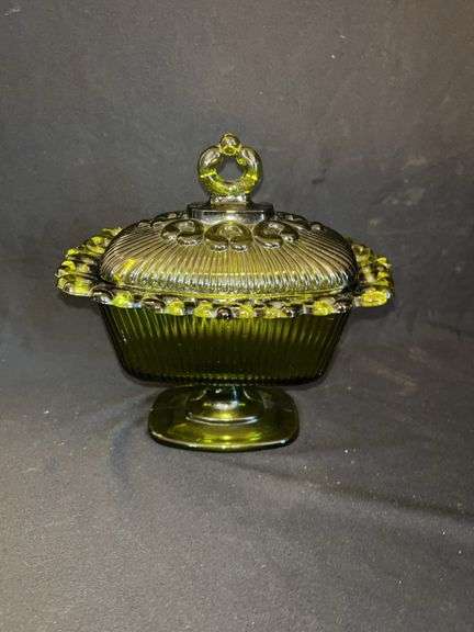 Olive Green Glass Covered Candy Dish image