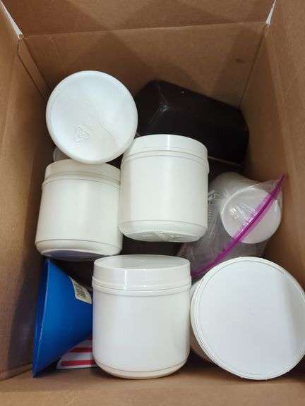 Mixed Lot: Plastic Jars, Baking Pans, Funnel, Plastic Cups, and Popcorn Containers image
