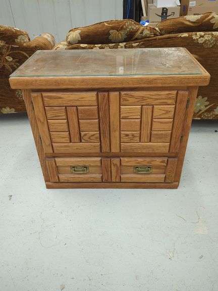 Oak End Table with Glass Top, Doors, and Drawer image