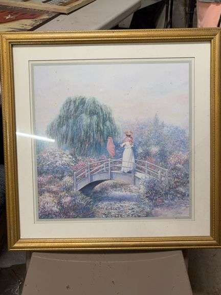 LADY ON A BRIDGE PICTURE.  PICTURE LOOKS TO HAVE SOME MINOR STAINING image