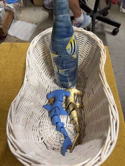 BASKET, PAINTED BOTTLE, TWO ARTICULATED 3D PRINTED HAMMERHEAD SHARKS image