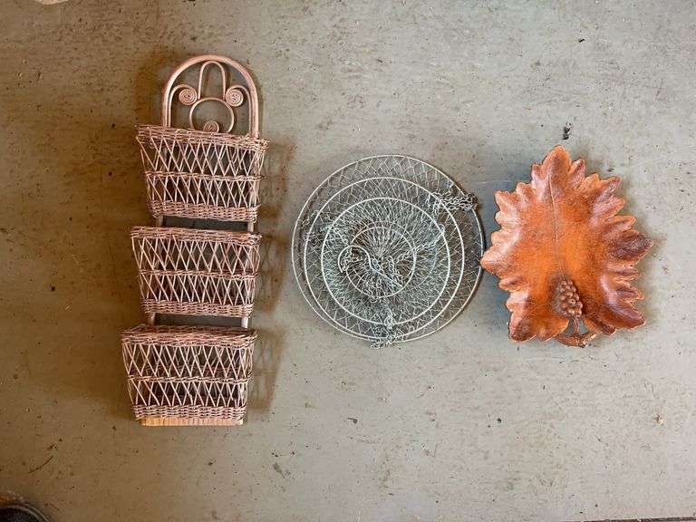 Woven Baskets, Metal Strainer, and Decorative Leaf Dish image