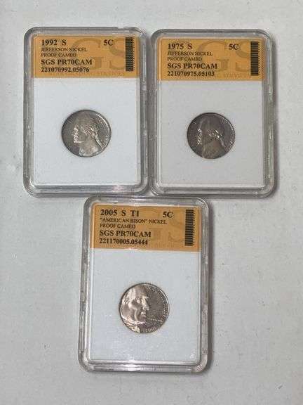 1975, 1992, and 2005 Jefferson Nickels - SGS PR70CAM image