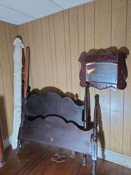 Ornate Wooden Bed Frame with Matching Mirror image