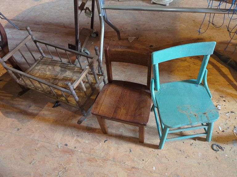 Wooden Child's Chairs and Doll Cradle image