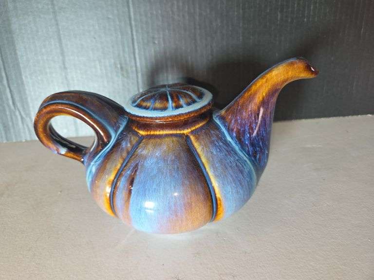 Unique Blue and Brown Glazed Ceramic Teapot image