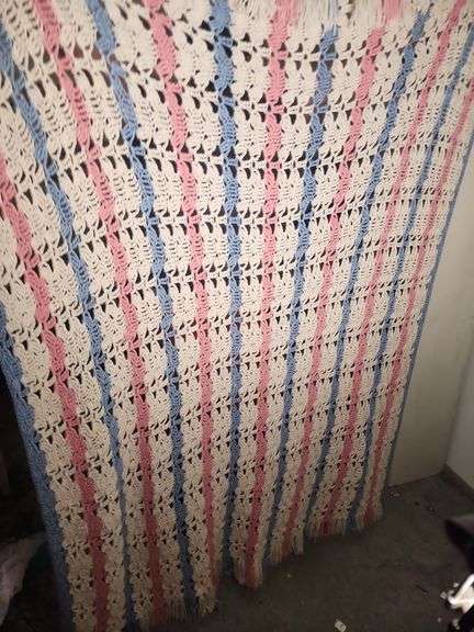 Handmade Crochet Blanket - Pink, Blue, and White image