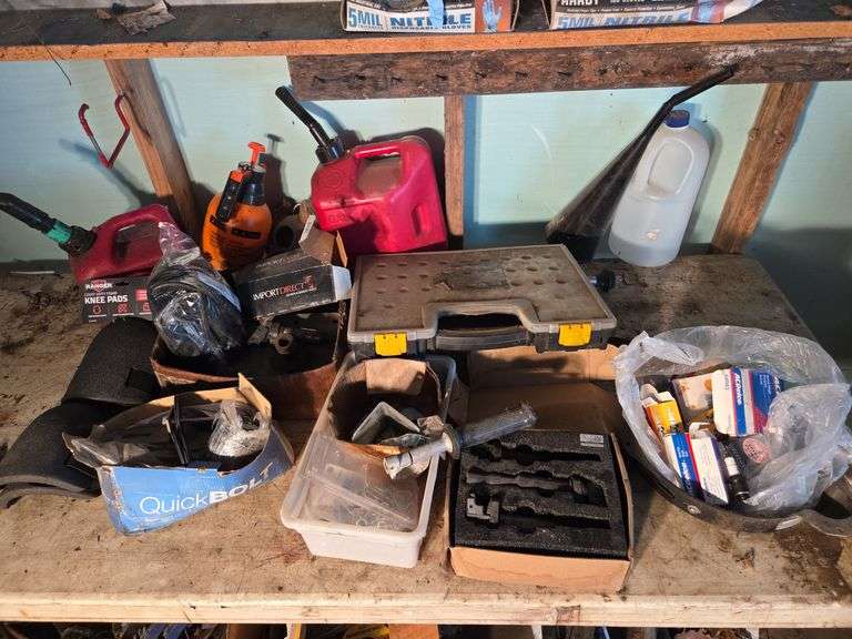 Gas Cans, Ignition Coils, Spark Plugs, Knee Pads, and Hardware image