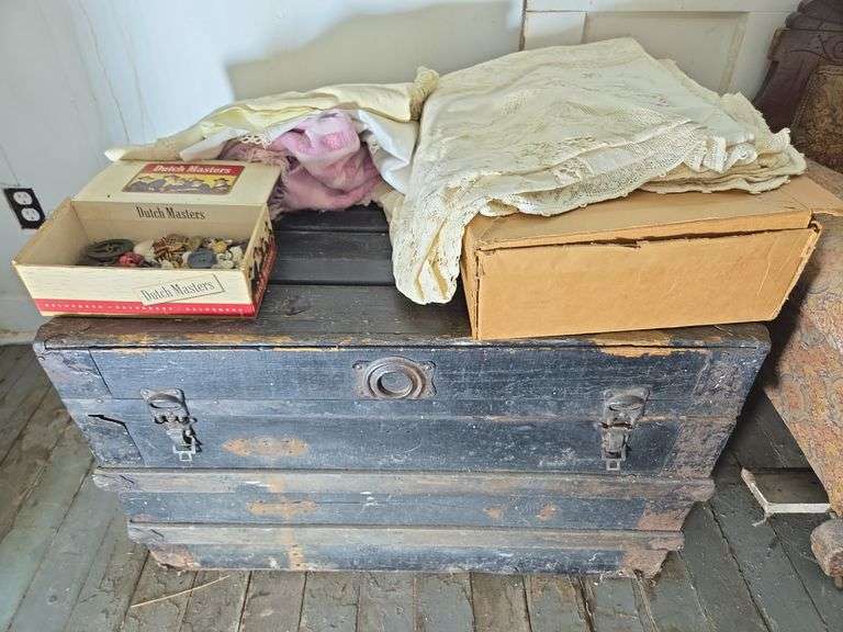 Trunk with Assorted Fabrics, Sewing Notions, and Other Collectibles image