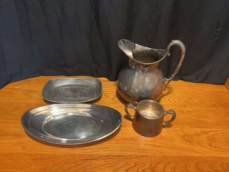 Silver Plated Serving Pieces: Pitcher, Creamer, Plates image
