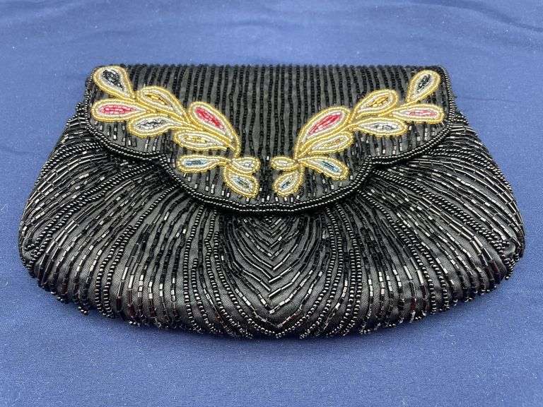 Black Beaded Evening Bag with Floral Design image