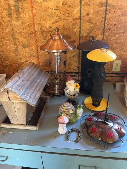 Assorted Bird Feeders and Garden Decorations image