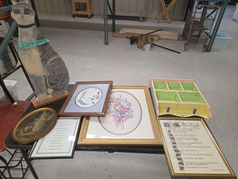 Variety of Framed Prints, Wood Cat Sculpture, & Painted Wood Shelf image