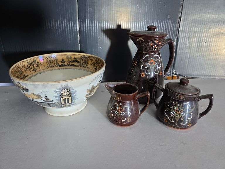 Oriental Motif Bowl with Brown Glazed Pitcher and Creamer image