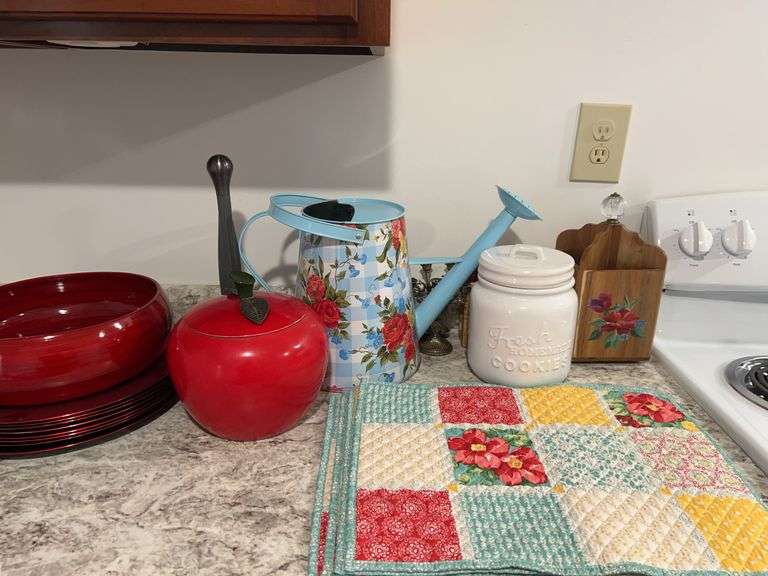 Assorted Kitchen Decor: Watering Can, Canister, Bowls, Trivet & More image