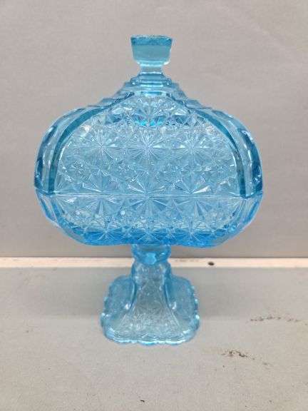 Light Blue Pressed Glass Compote Candy Dish with Lid image