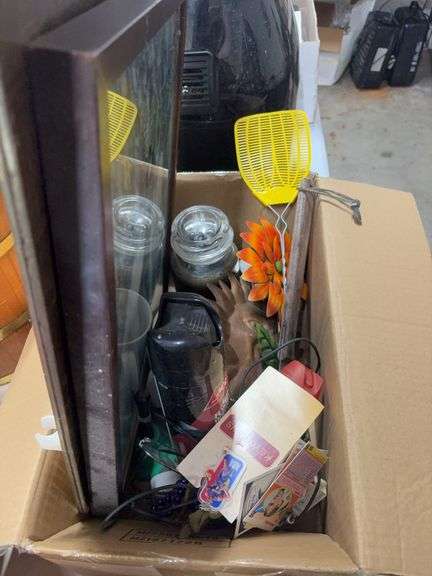 BOX OF MISC.  PICTURE, CANDLE, FLY SWAT, BUG SPRAY, BELL image
