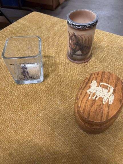 GLASS CANDLE HOLDER, HORSE LIGHT AND WOODEN WALL HANGING image