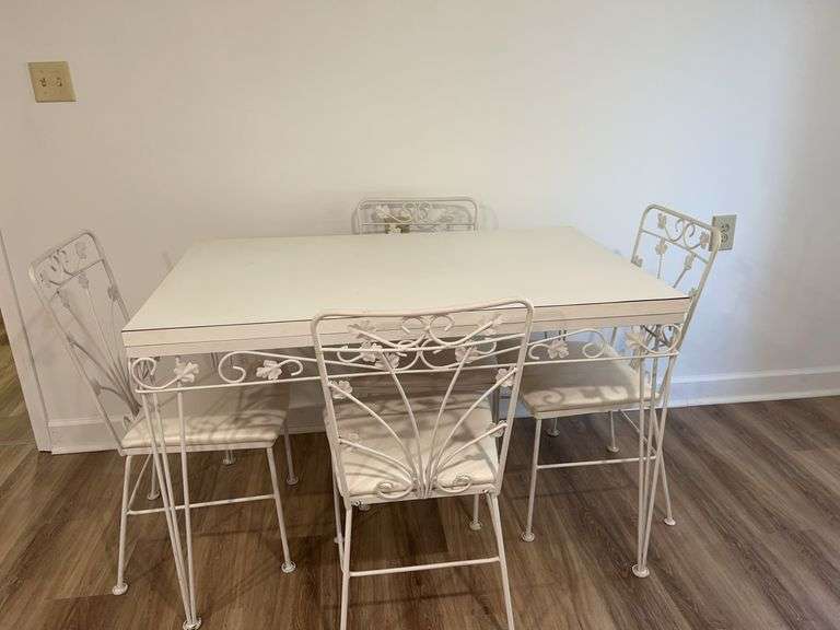 White Metal Patio Dining Set with Floral Design image