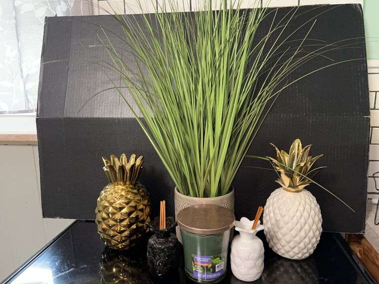 Pineapple Decor Grouping with Candle and Artificial Plant image
