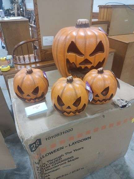 HOME DEPOT - 4 PIECE LIGHTED LED BLOW MOLD SCARY PUMPKINS - 1 20 INCH AND 3 10 INCH image