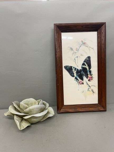 Framed Butterfly Print and Tranquil Garden Magnolia Sculpture image