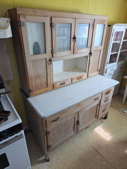 Hoosier-Style Oak Kitchen Cabinet with Enamel Top image