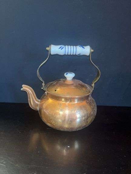 Copper Tea Kettle with Blue and White Ceramic Handle image