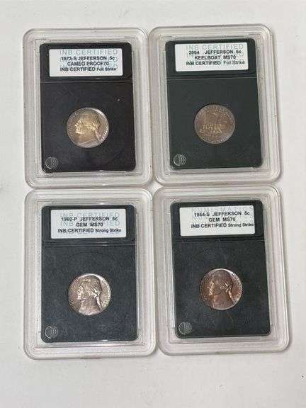 Four Certified Jefferson Nickels - 1954, 1960, 1973, 2004 image