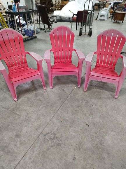 3 PLASTIC ADIRONDACK STACKABLE PATIO CHAIRS - 1 HAS SEAT DAMAGE image