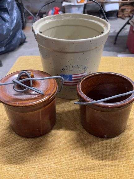 THREE OLD CROCKS.  LARGEST ONE IS CHIPPED image