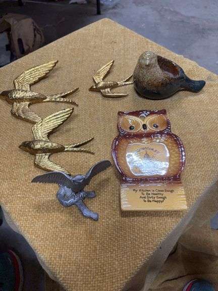 OWL PLATE, METAL OWL, BIRD CANDLE HOLDER, AND SOME WALL HANGING BIRDS image