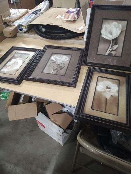 4 WALL HANGING FLOWER PICTURES - 1 HAS CRACKED GLASS image
