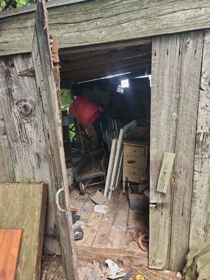 Shed Contents Including Furniture, Baskets, and More image