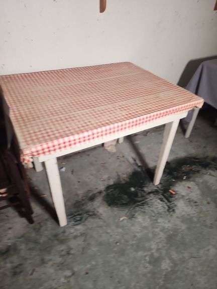 White Painted Wood Table with Plaid Table Cloth image