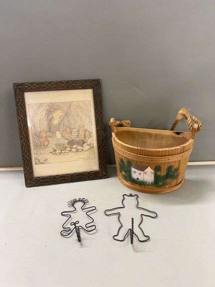 Framed Print, Wooden Planter, and Decorative Metal Hooks image