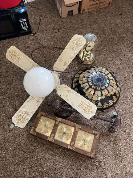 Ceiling Fan, Lamp Shade, Clock, and Weather Station Grouping image