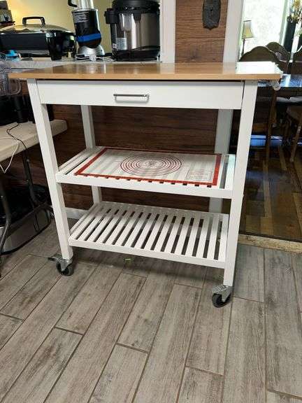 White Kitchen Island Cart with Wood Top image
