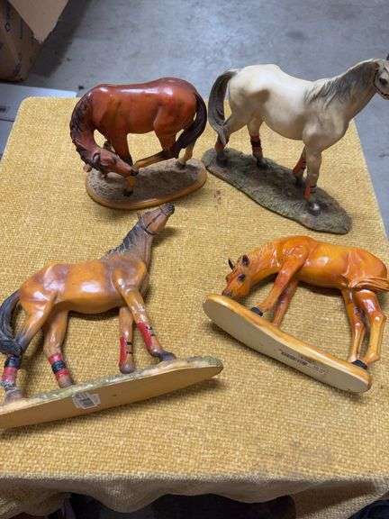 FOUR HORSE STATUES.  SOME DO HAVE BROKEN LEGS THAT HAVE BEEN REPAIRED image