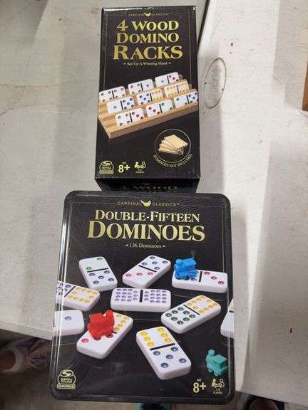 NEW DOMINO SET AND 4 WOOD DOMINO RACKS image