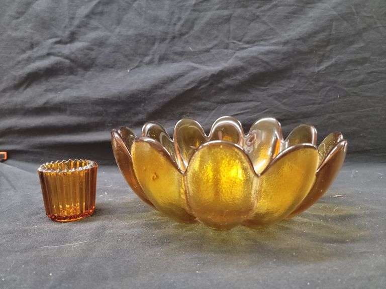 Amber Glass Flower Bowl and Candle Holder Set image