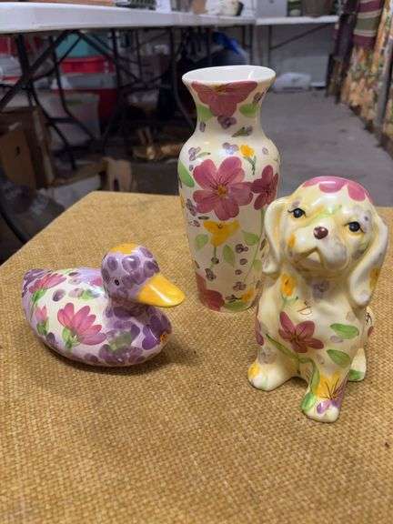 GLASS VASE, DUCK, AND DOG.  VERY COLORFUL image