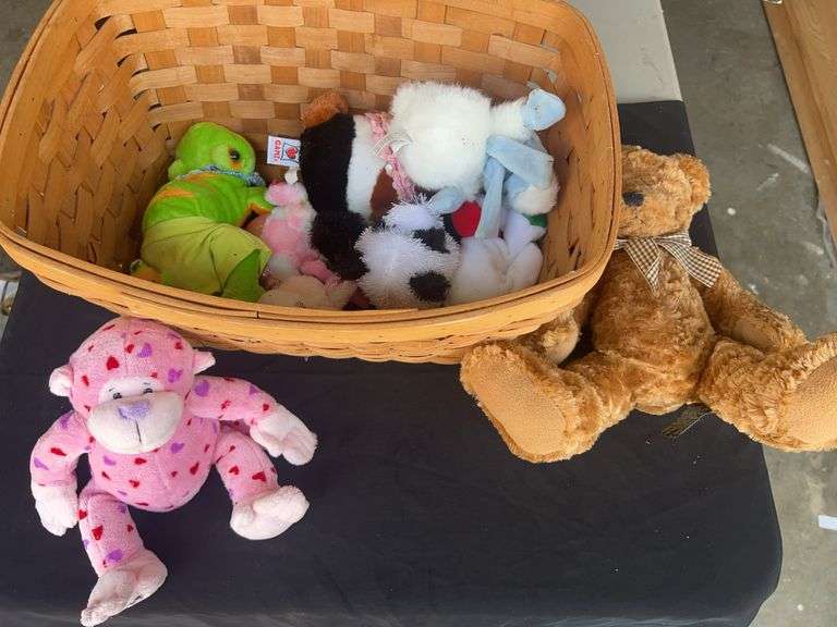 Assorted Plush Stuffed Animal Collection with Basket and Bear image